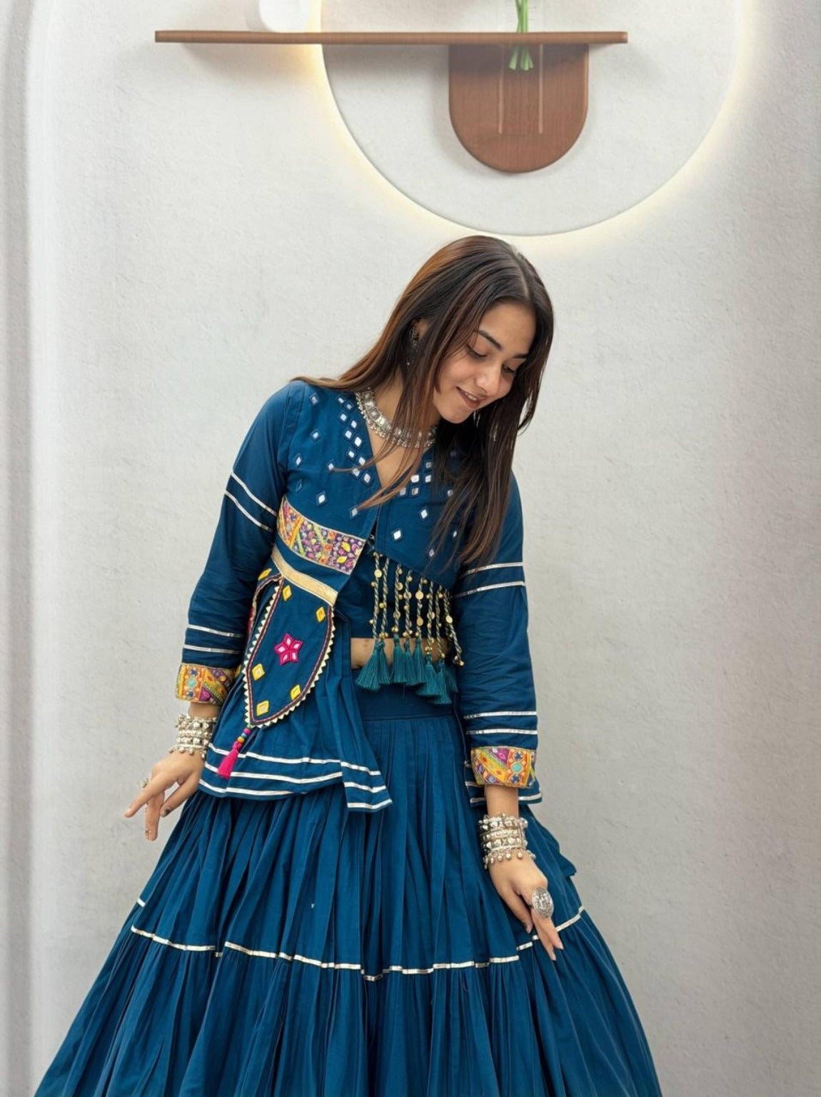 Blue Navratri Hand Work Lehenga Choli with Koti | 9 Meter Flair