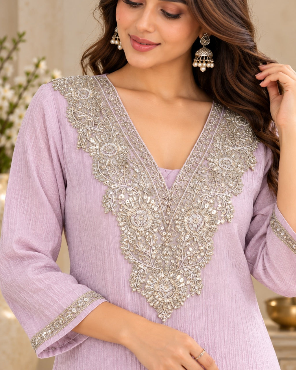 Lavender Embroidered Straight Kurta Pant Set for Women