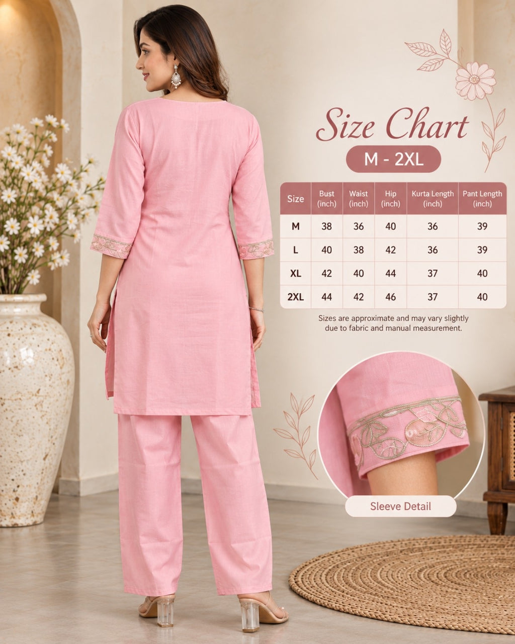 Pink Floral Embroidered Kurta Pant Set for Women