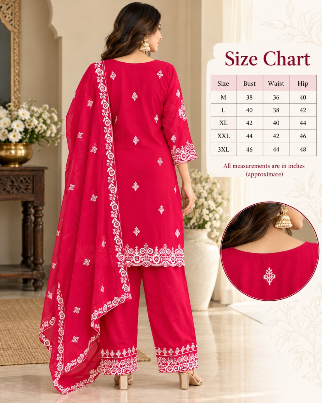 Rani Pink Embroidered 3-Piece Suit Set with Dupatta for Women