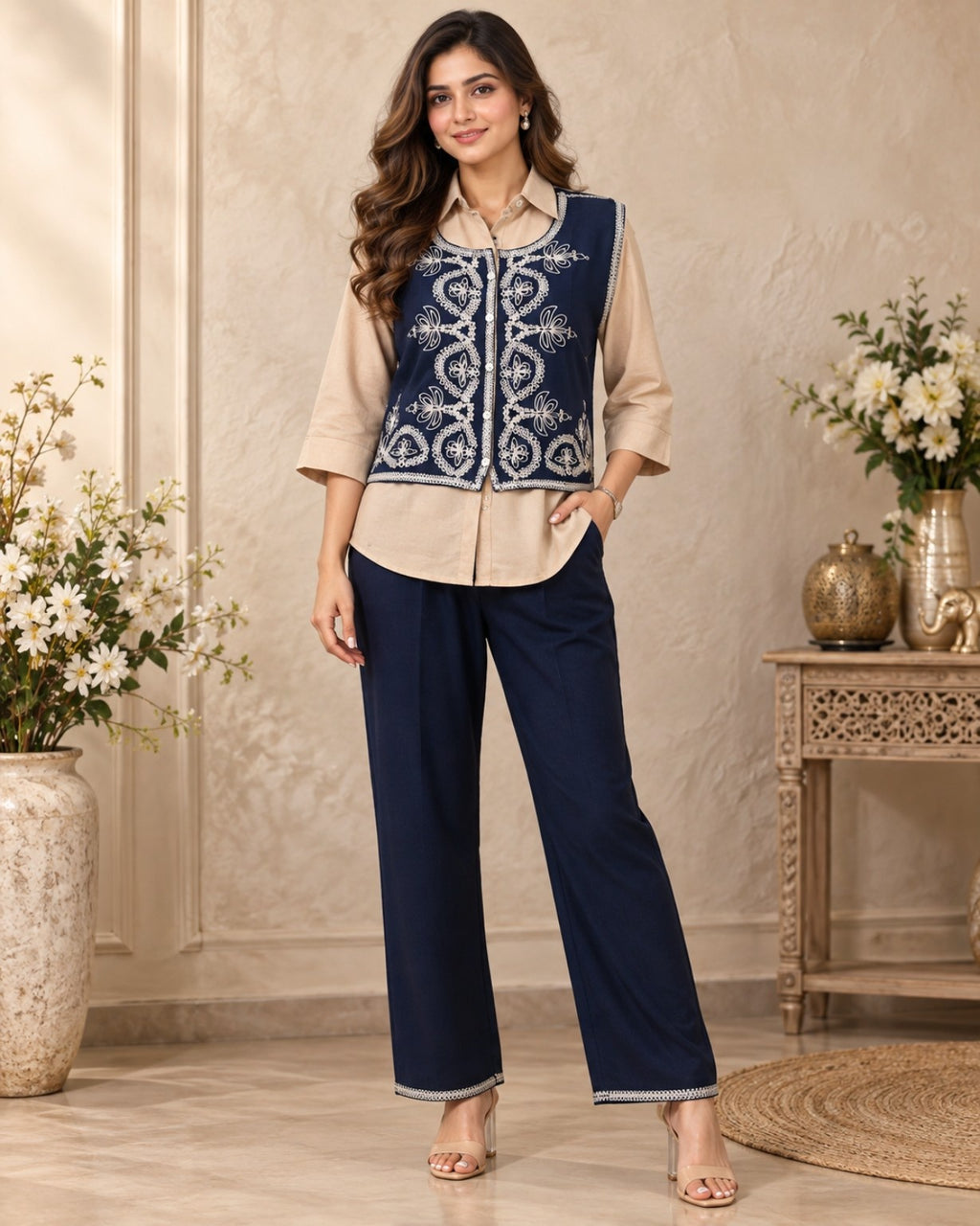 Navy Blue and Beige Embroidered Co-Ord Set for Women with Sleeveless Jacket