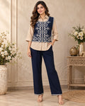 Navy Blue and Beige Embroidered Co-Ord Set for Women with Sleeveless Jacket