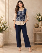 Navy Blue and Beige Embroidered Co-Ord Set for Women with Sleeveless Jacket