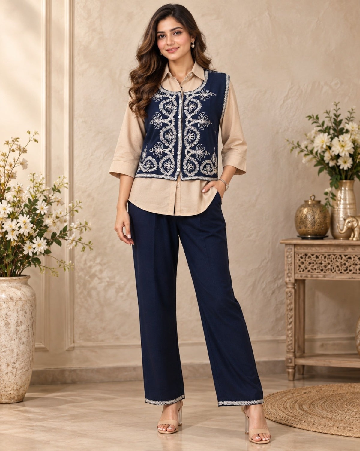 Navy Blue and Beige Embroidered Co-Ord Set for Women with Sleeveless Jacket