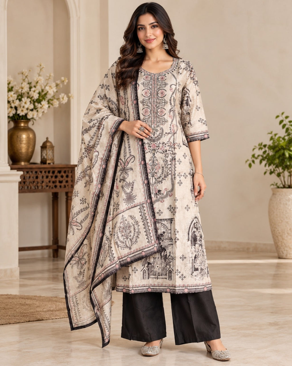 Cream Black Printed 3-Piece Suit Set for Women with Matching Dupatta