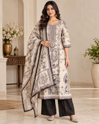 Cream Black Printed 3-Piece Suit Set for Women with Matching Dupatta