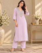 Lavender Embroidered Straight Kurta Pant Set for Women