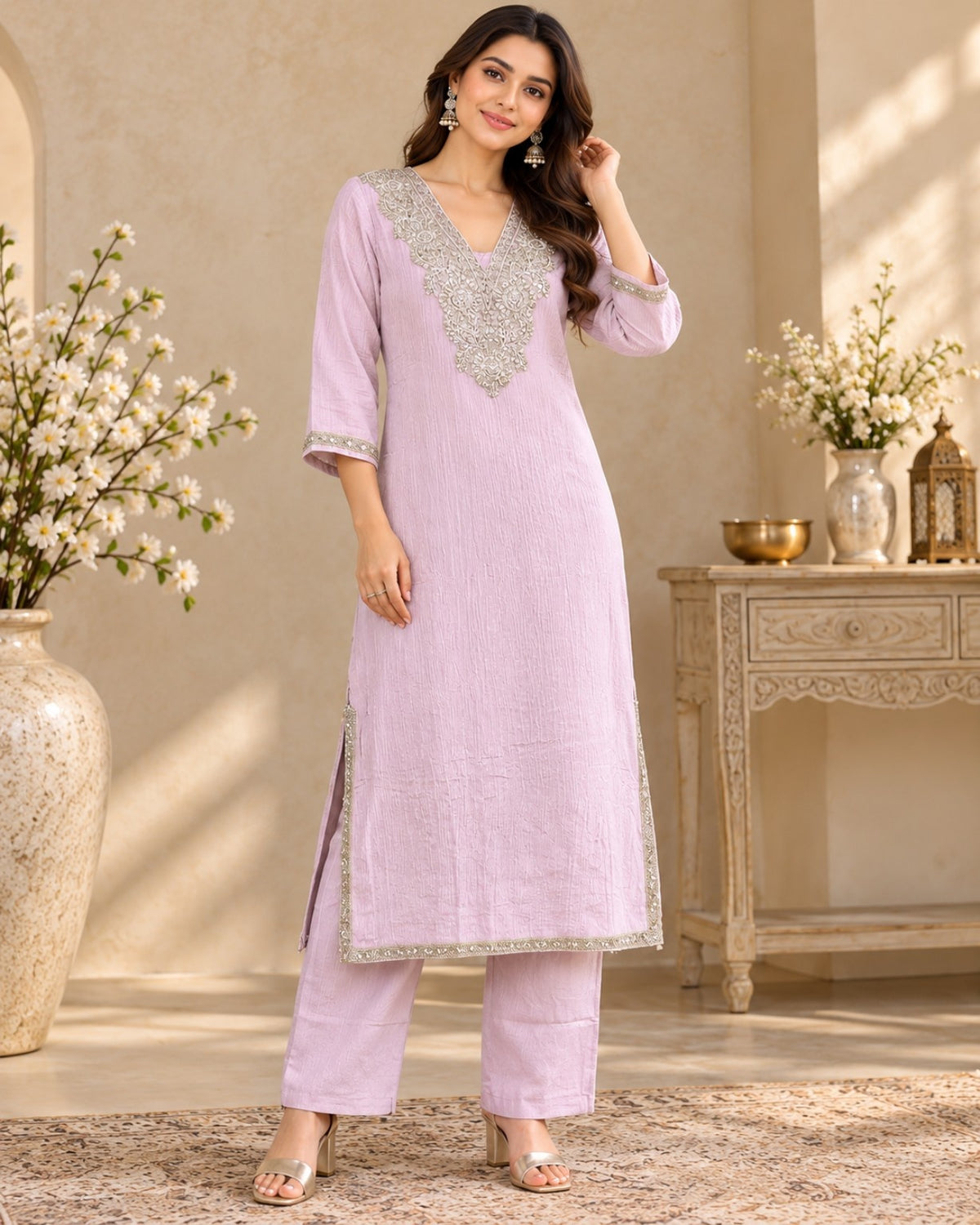 Lavender Embroidered Straight Kurta Pant Set for Women