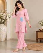 Pink Floral Embroidered Kurta Pant Set for Women
