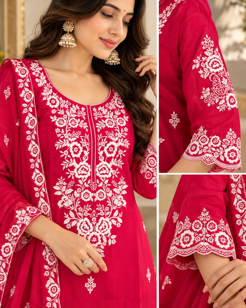 Rani Pink Embroidered 3-Piece Suit Set with Dupatta for Women