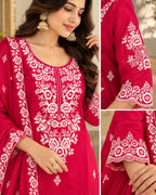 Rani Pink Embroidered 3-Piece Suit Set with Dupatta for Women