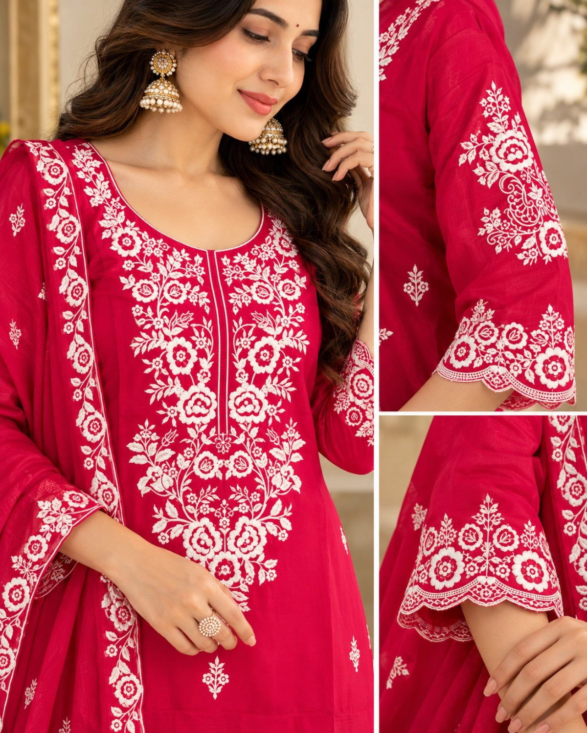 Rani Pink Embroidered 3-Piece Suit Set with Dupatta for Women