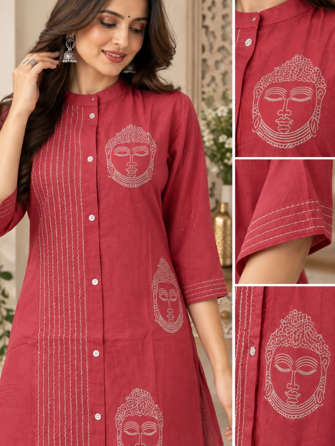 Rose pink straight kurta with Buddha motif print and mandarin collar