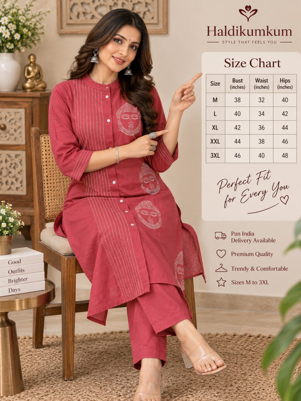 Rose pink printed kurta with matching straight pants and button placket