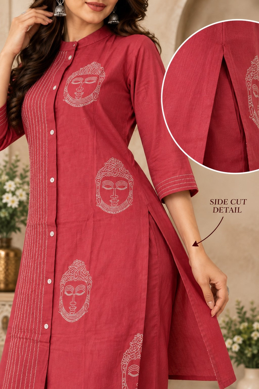 Rose pink Buddha print ethnic kurta pant set with traditional detailing