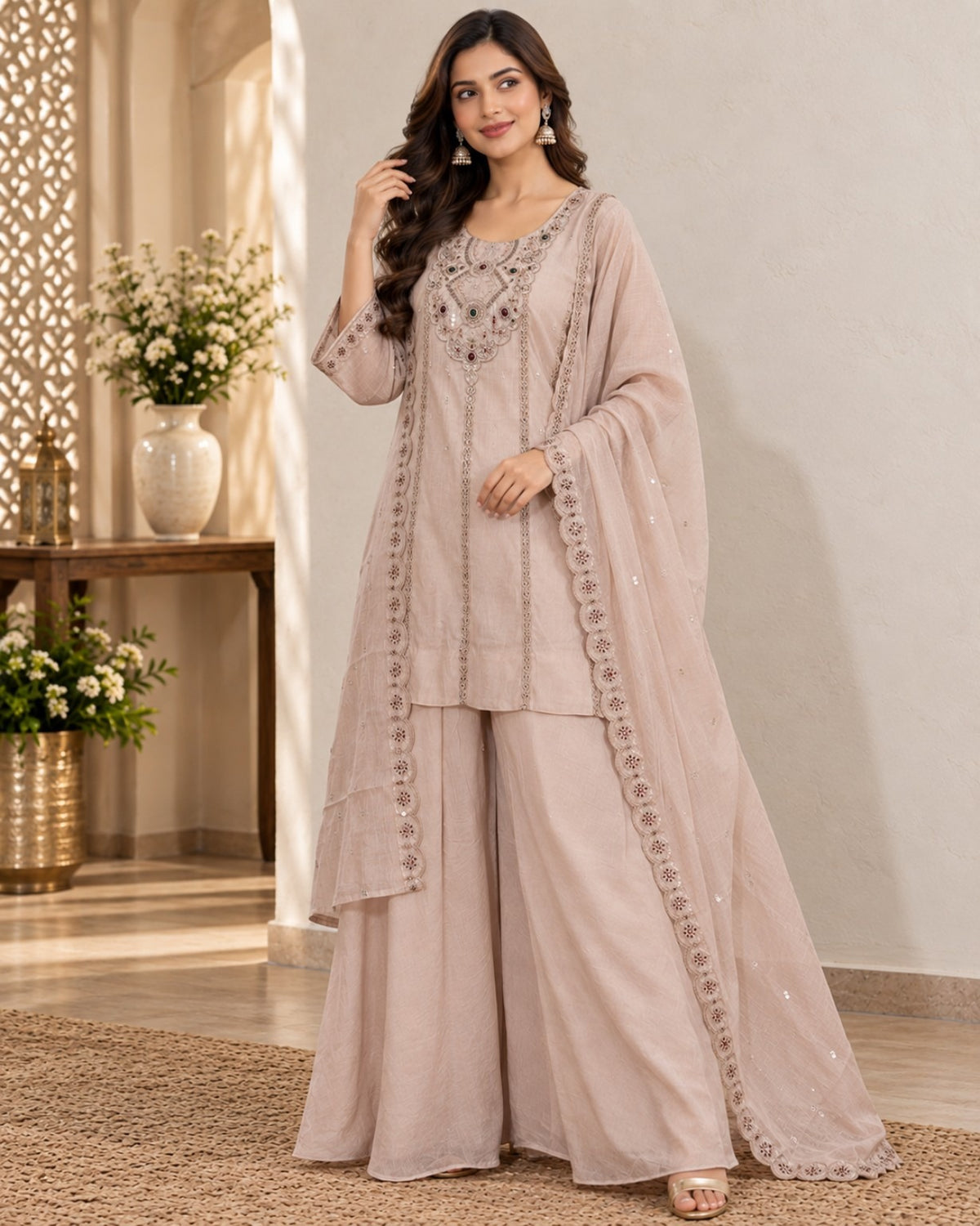 Blush Pink Embroidered Kurta Sharara Set with Dupatta for Women