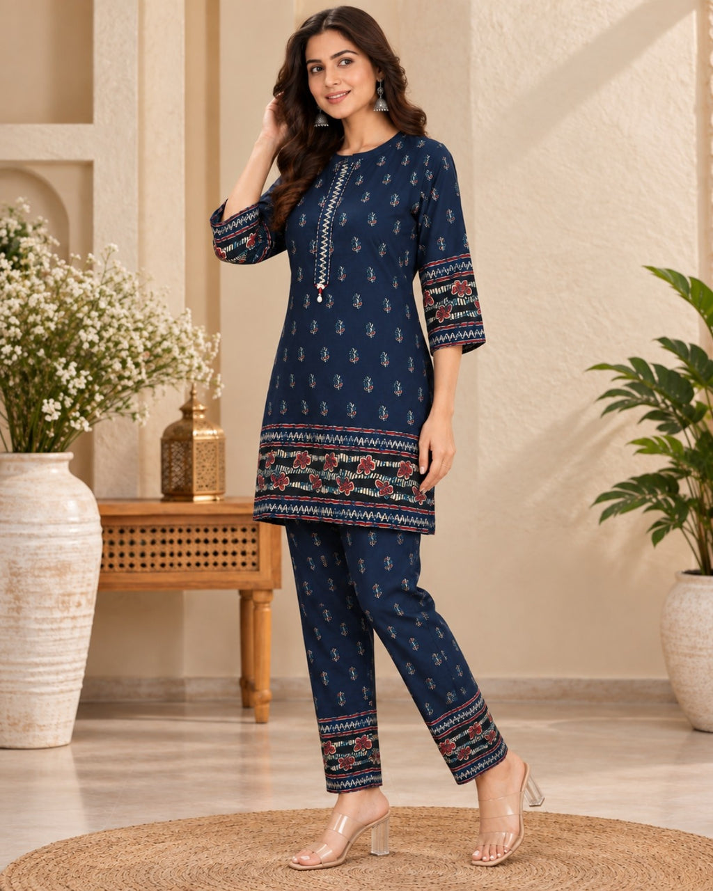 Navy Blue Printed Kurta Pant Co-Ord Set for Women with Floral Border Detailing