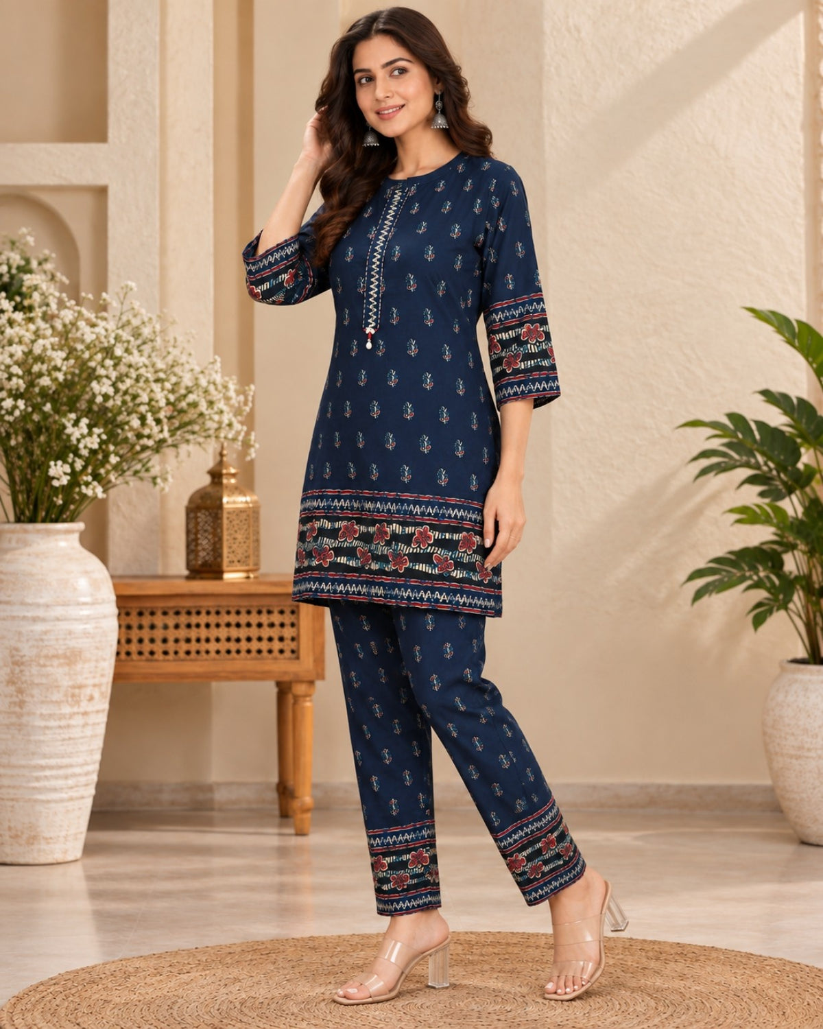 Navy Blue Printed Kurta Pant Co-Ord Set for Women with Floral Border Detailing