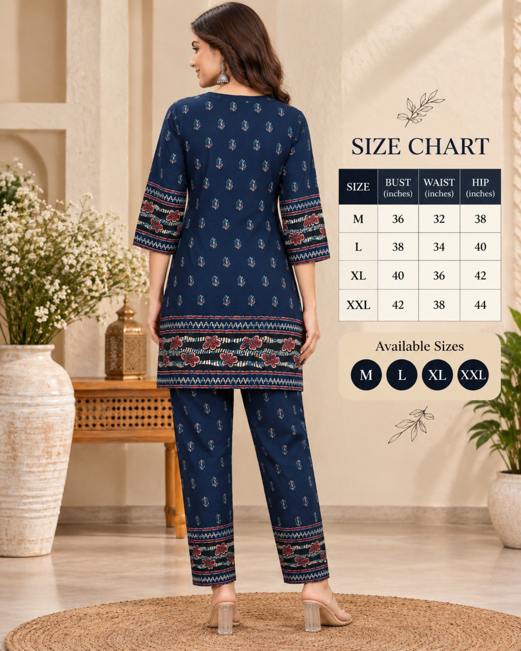 Navy Blue Printed Kurta Pant Co-Ord Set for Women with Floral Border Detailing