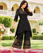 Purple, Brown, Black & Maroon Printed High-Low Kurta Palazzo Set for Women