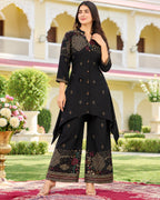 Purple, Brown, Black & Maroon Printed High-Low Kurta Palazzo Set for Women