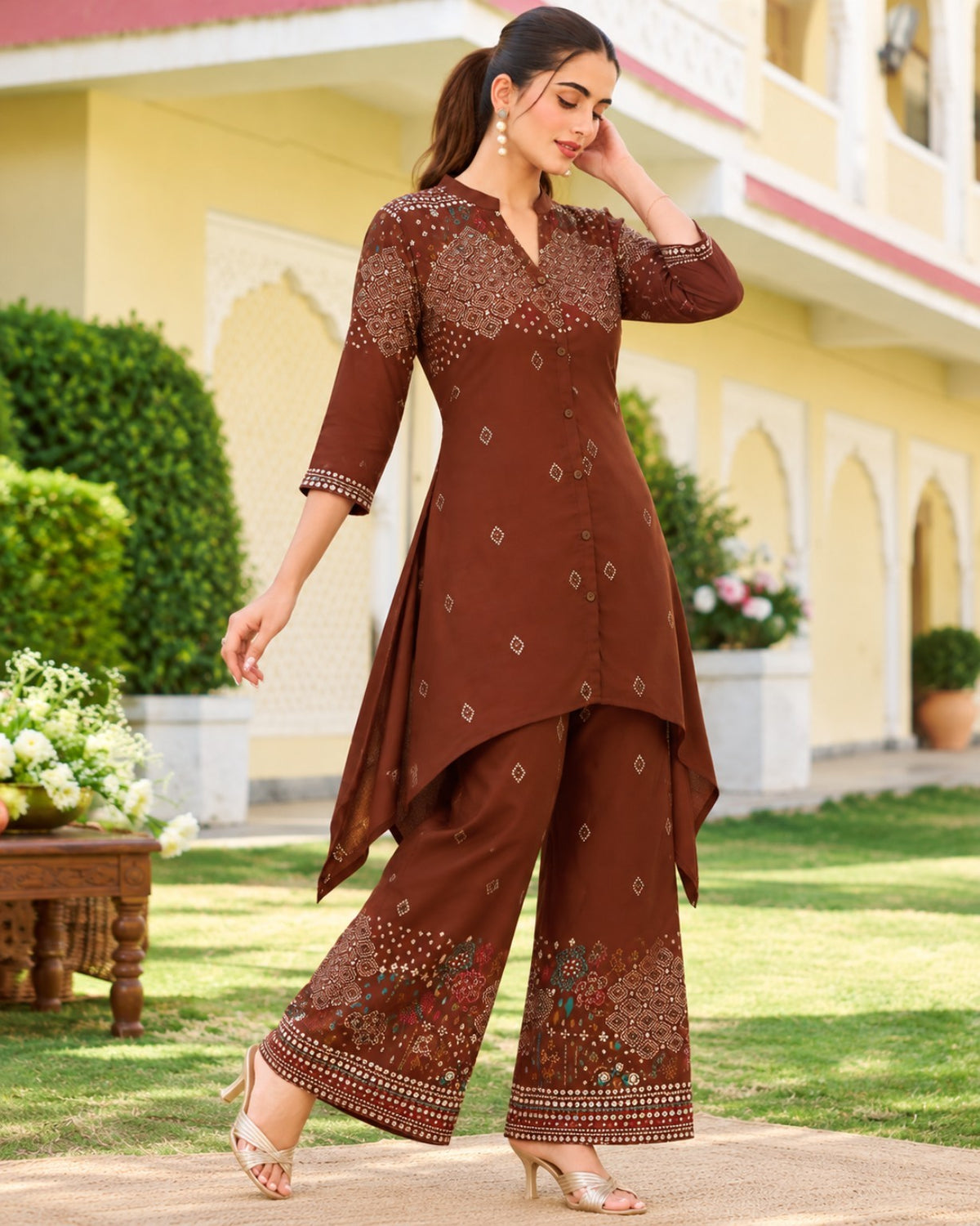 Purple, Brown, Black & Maroon Printed High-Low Kurta Palazzo Set for Women