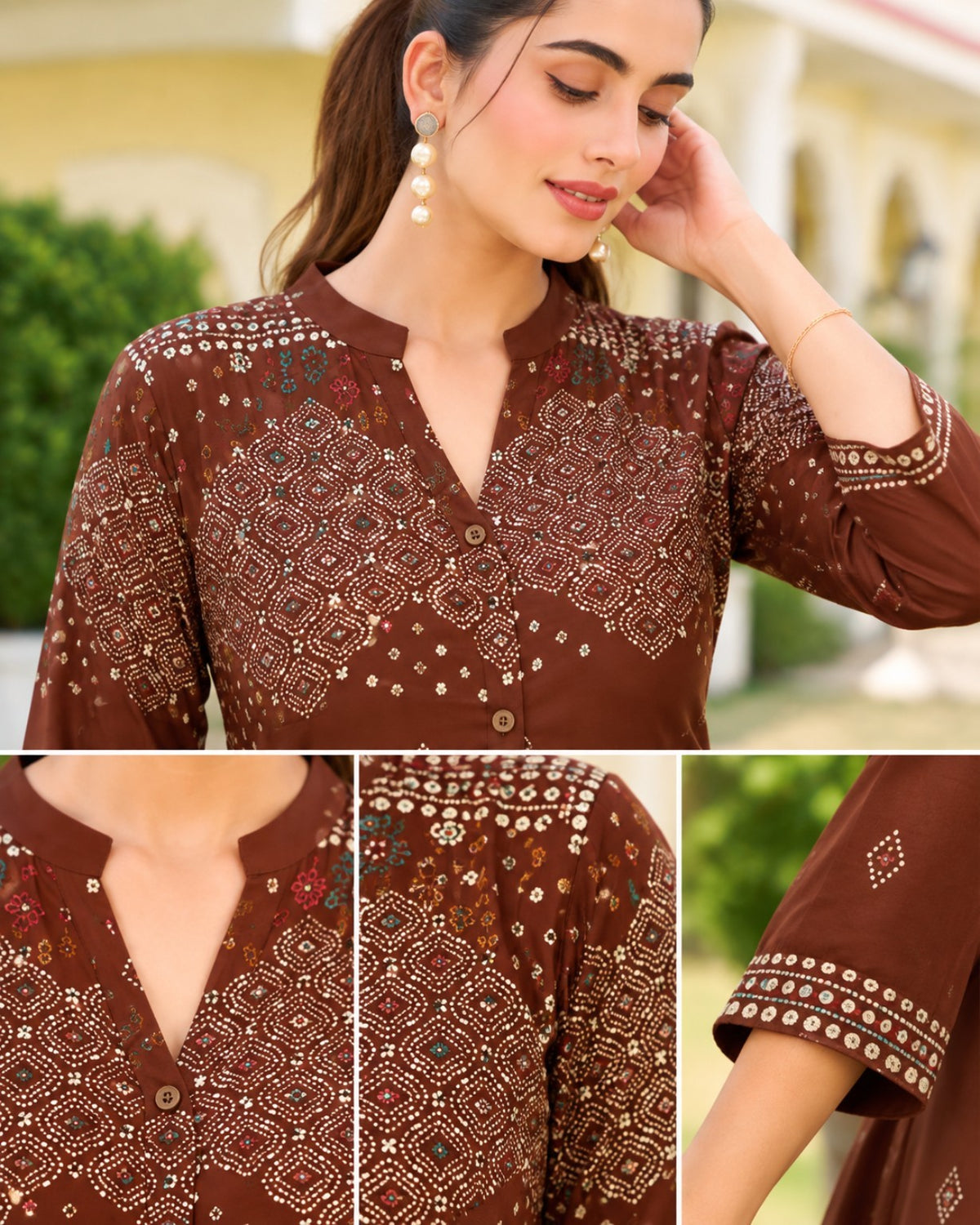 Purple, Brown, Black & Maroon Printed High-Low Kurta Palazzo Set for Women