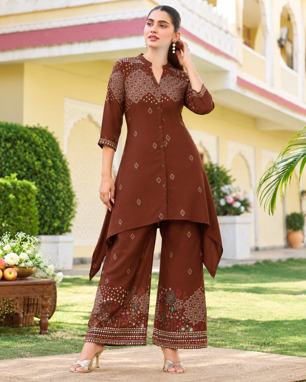 Purple, Brown, Black & Maroon Printed High-Low Kurta Palazzo Set for Women