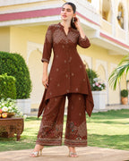 Purple, Brown, Black & Maroon Printed High-Low Kurta Palazzo Set for Women