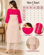 Pink & Beige Embroidered Kurta Pant Set for Women
