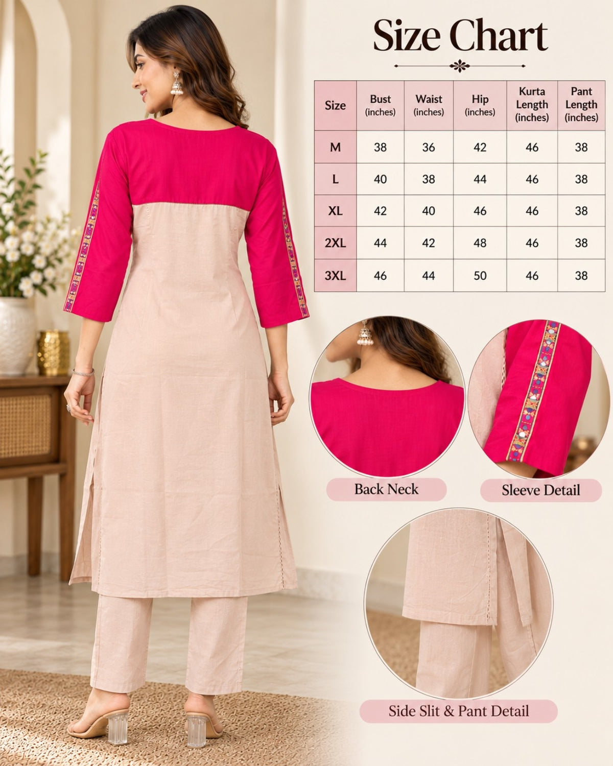 Pink & Beige Embroidered Kurta Pant Set for Women