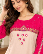 Pink & Beige Embroidered Kurta Pant Set for Women