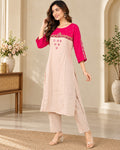 Pink & Beige Embroidered Kurta Pant Set for Women