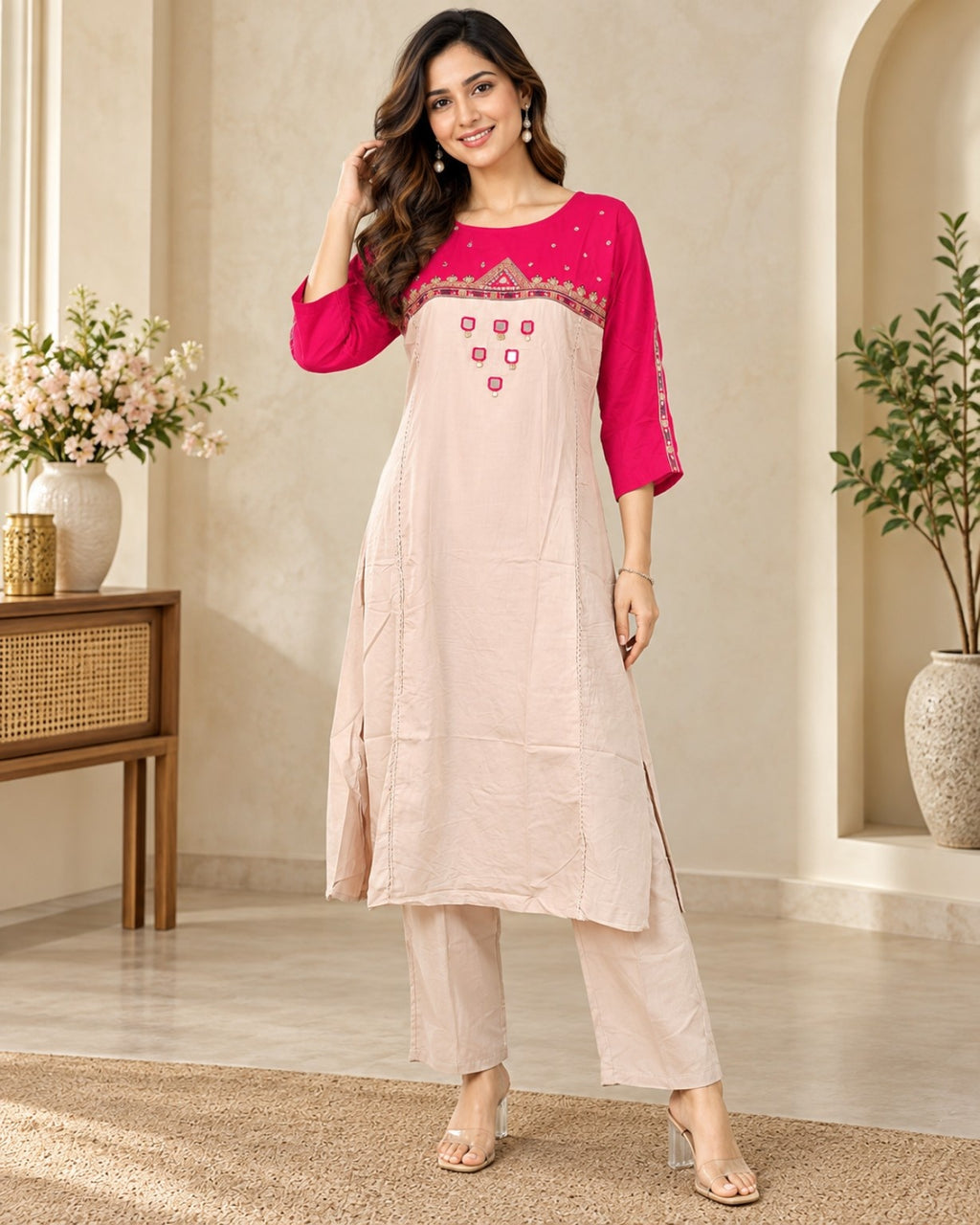 Pink & Beige Embroidered Kurta Pant Set for Women