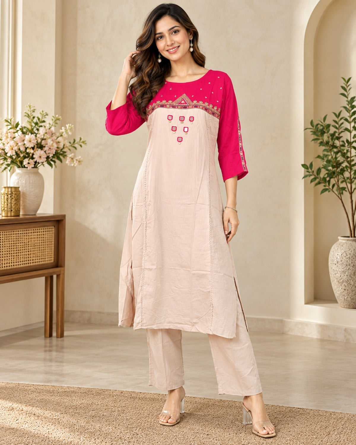 Pink & Beige Embroidered Kurta Pant Set for Women