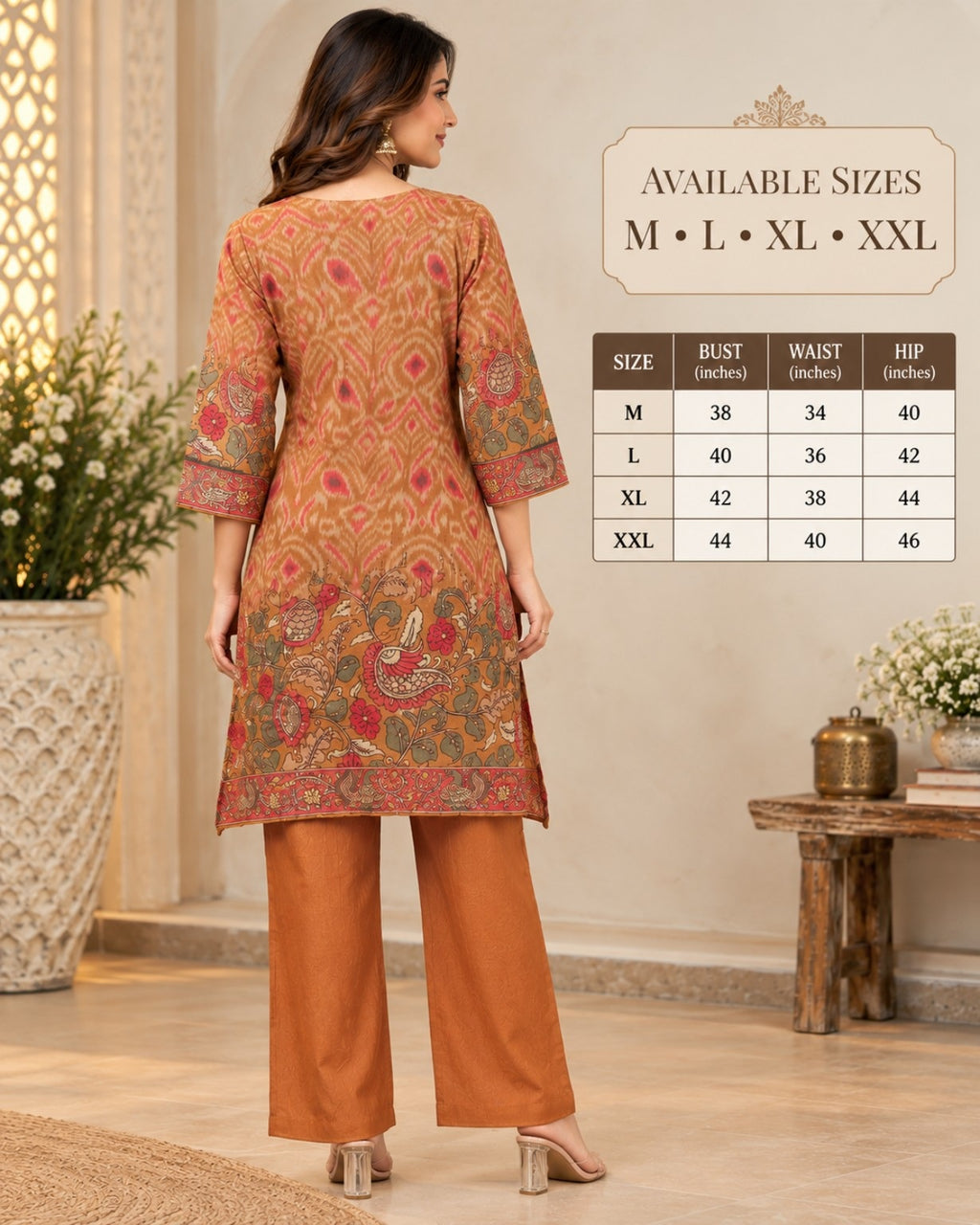 Rust Orange Printed Kurta Pant Set for Women with Kalamkari-Inspired Floral Border