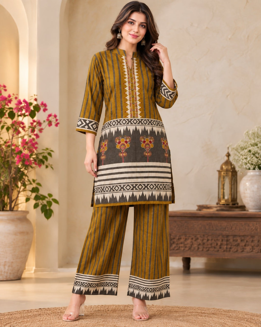 Mustard Yellow Printed Kurta Pant Co-Ord Set for Women