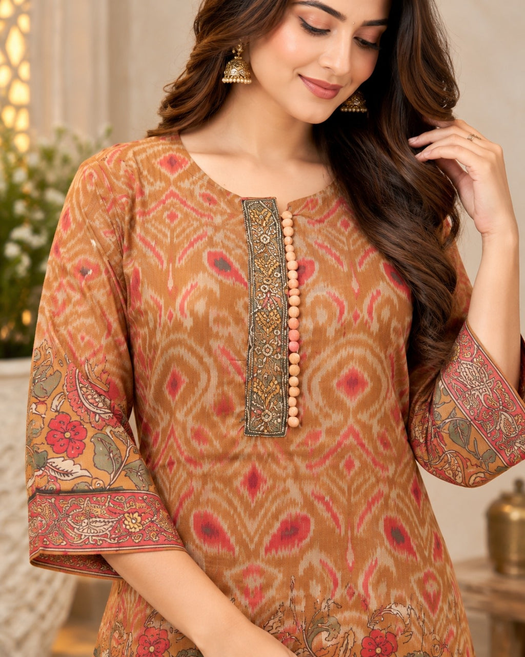 Rust Orange Printed Kurta Pant Set for Women with Kalamkari-Inspired Floral Border