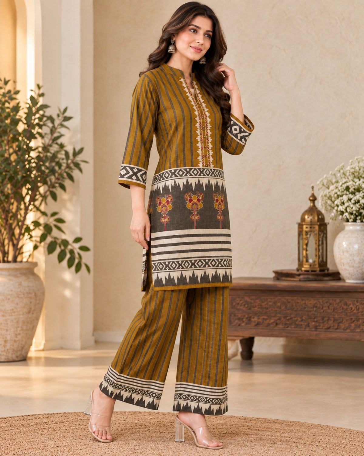Mustard Yellow Printed Kurta Pant Co-Ord Set for Women