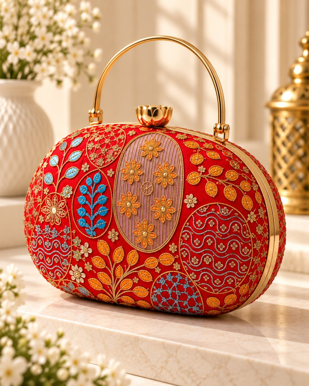 Embroidered round clutch bag for women with multicolor floral traditional pattern and gold handle