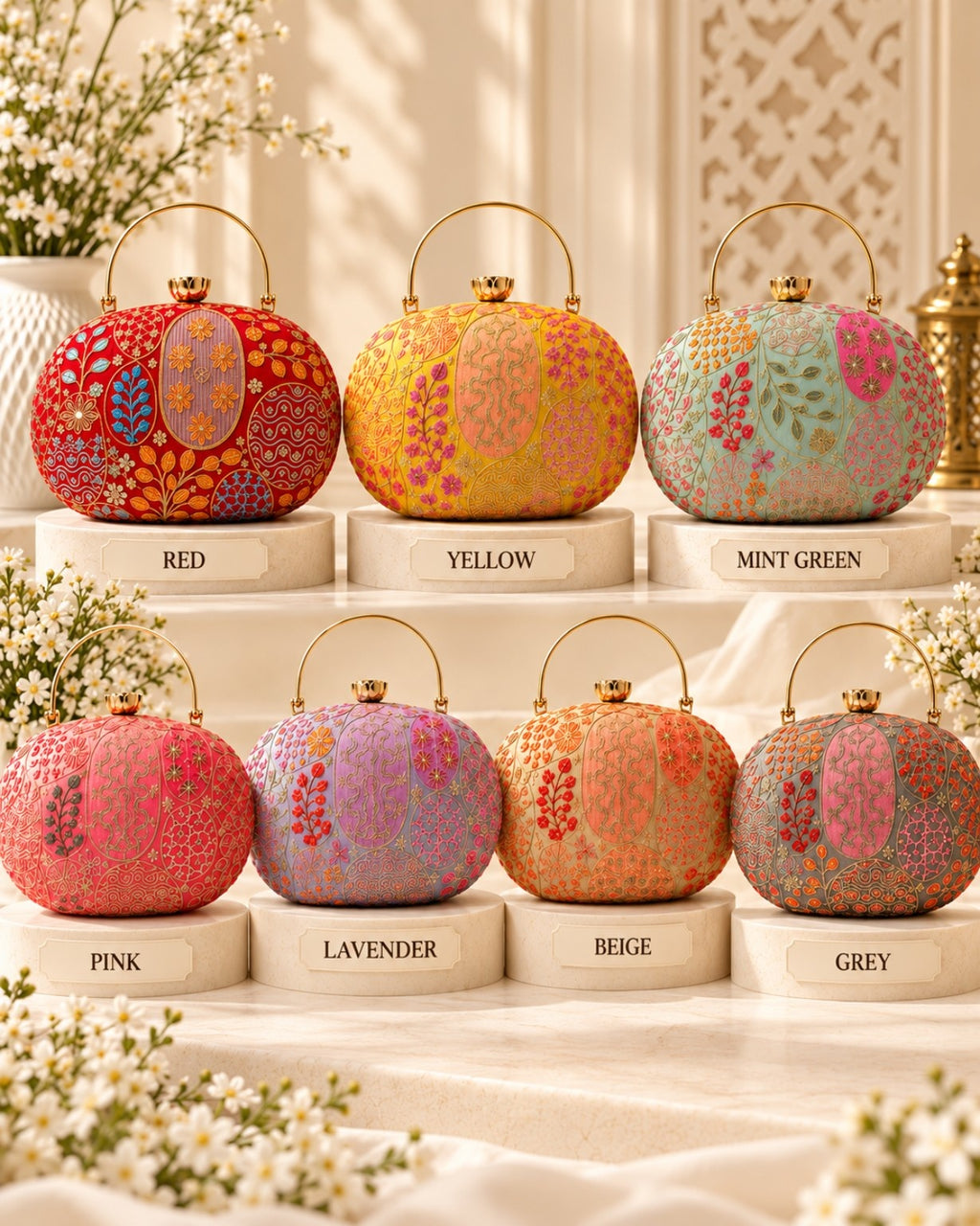 Embroidered round clutch bag for women with multicolor floral traditional pattern and gold handle