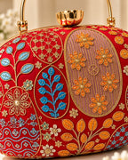 Embroidered round clutch bag for women with multicolor floral traditional pattern and gold handle