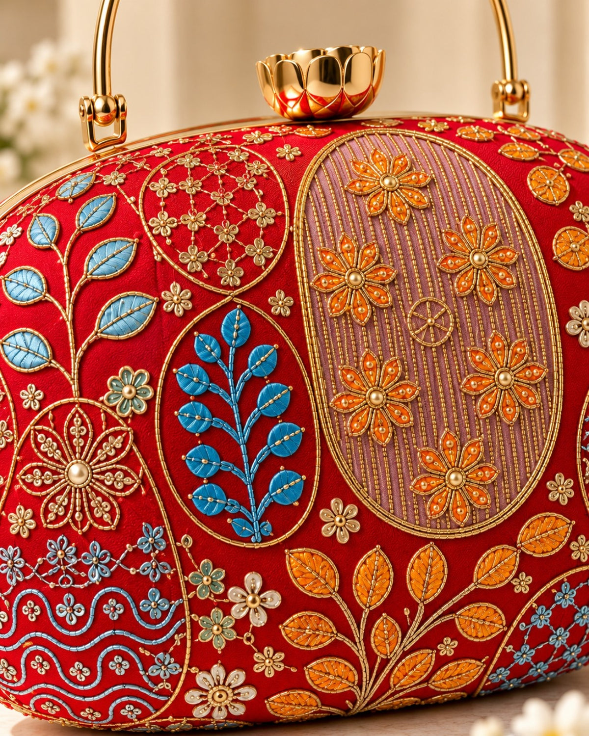 Embroidered round clutch bag for women with multicolor floral traditional pattern and gold handle
