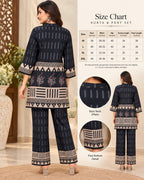Dark Blue Printed Co-Ord Set for Women with Geometric Border Detailing