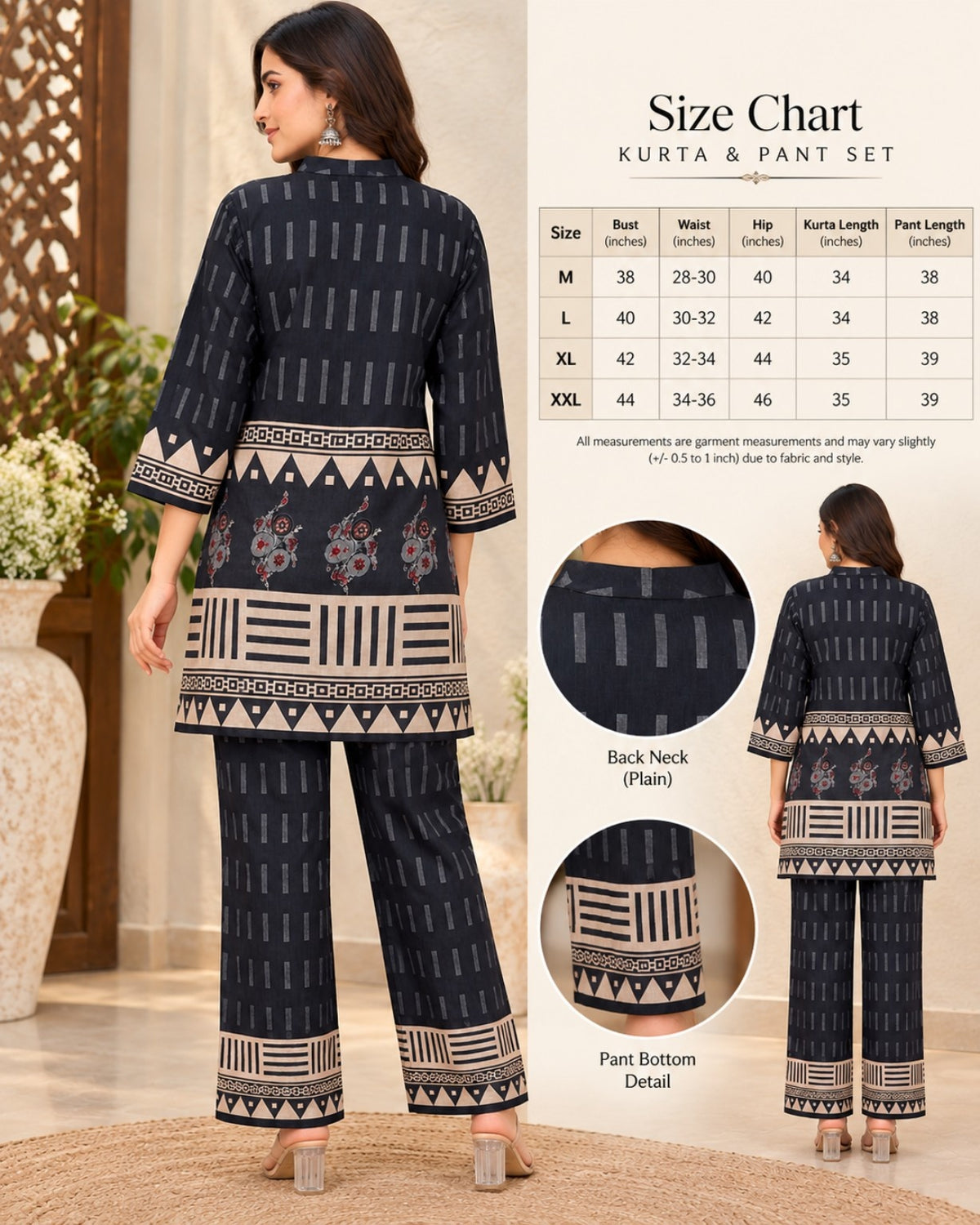 Dark Blue Printed Co-Ord Set for Women with Geometric Border Detailing