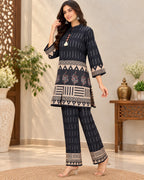 Dark Blue Printed Co-Ord Set for Women with Geometric Border Detailing