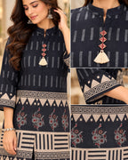 Dark Blue Printed Co-Ord Set for Women with Geometric Border Detailing