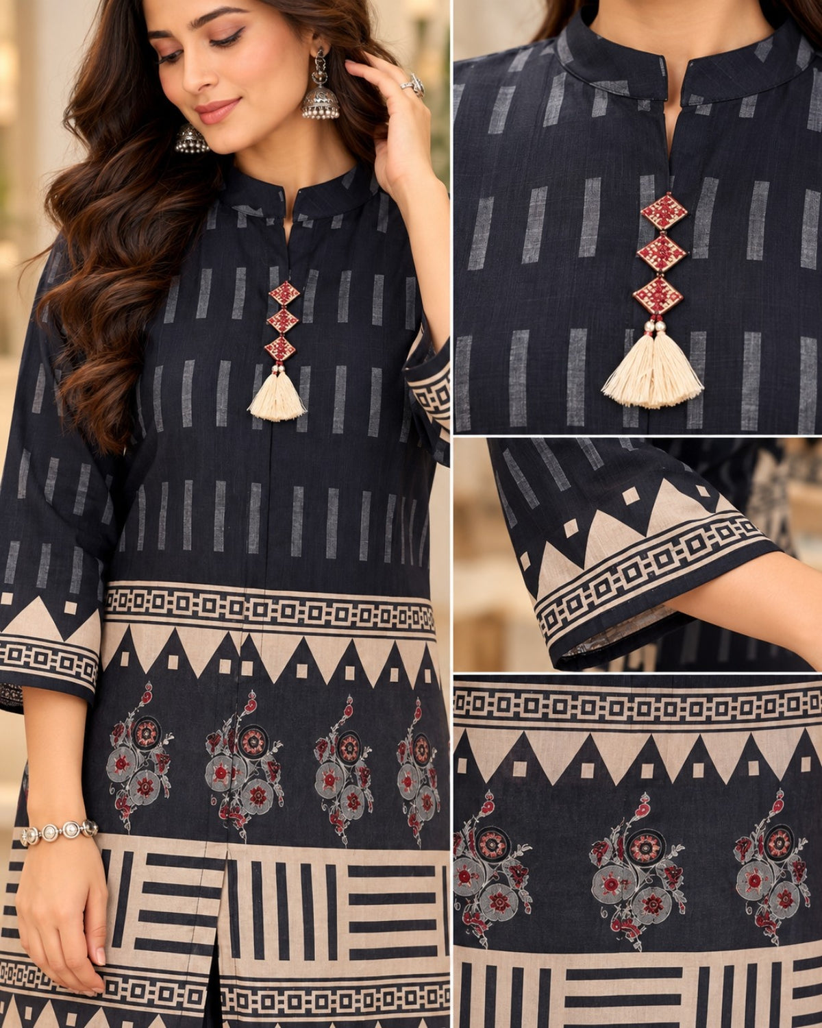 Dark Blue Printed Co-Ord Set for Women with Geometric Border Detailing