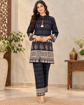 Dark Blue Printed Co-Ord Set for Women with Geometric Border Detailing