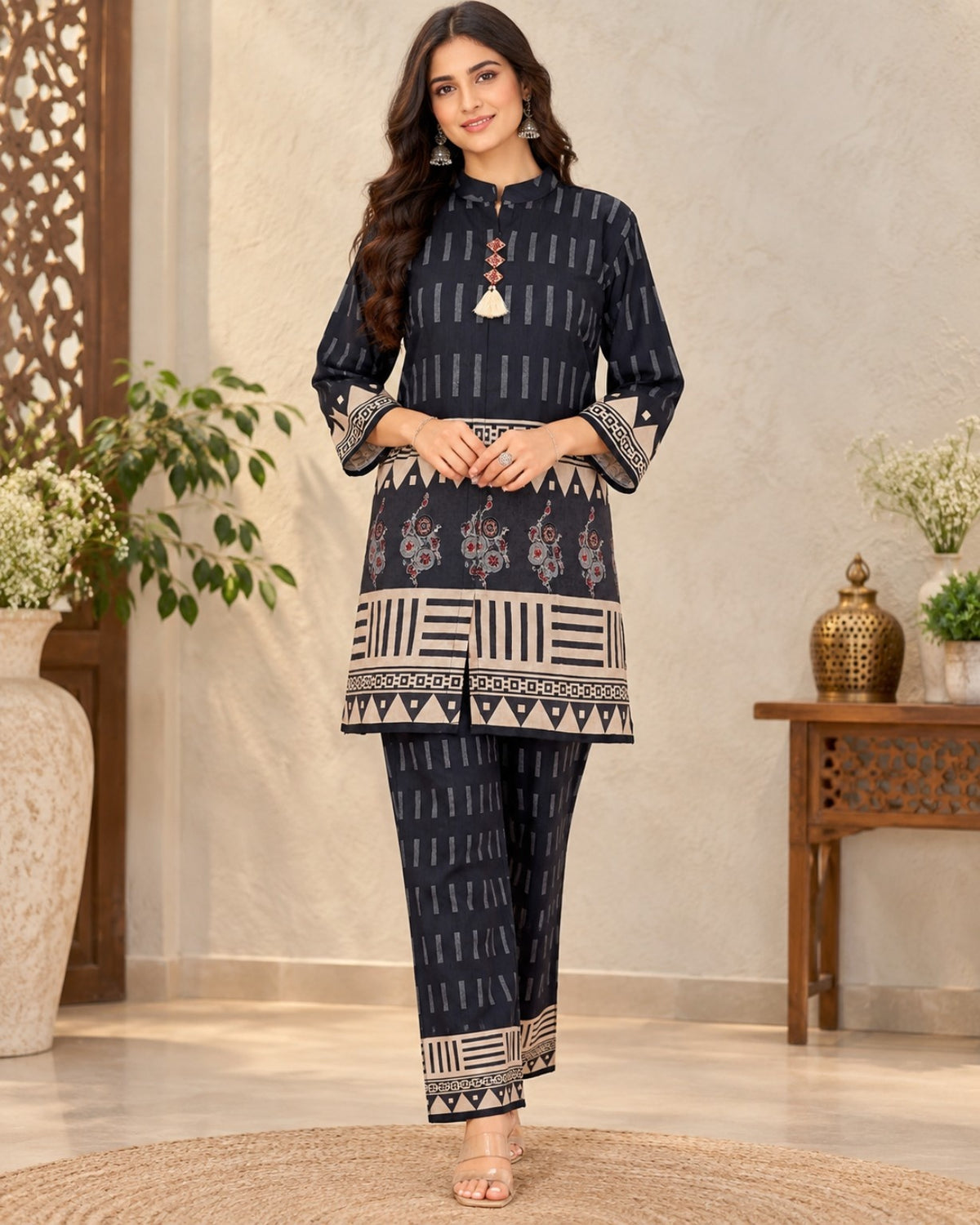 Dark Blue Printed Co-Ord Set for Women with Geometric Border Detailing